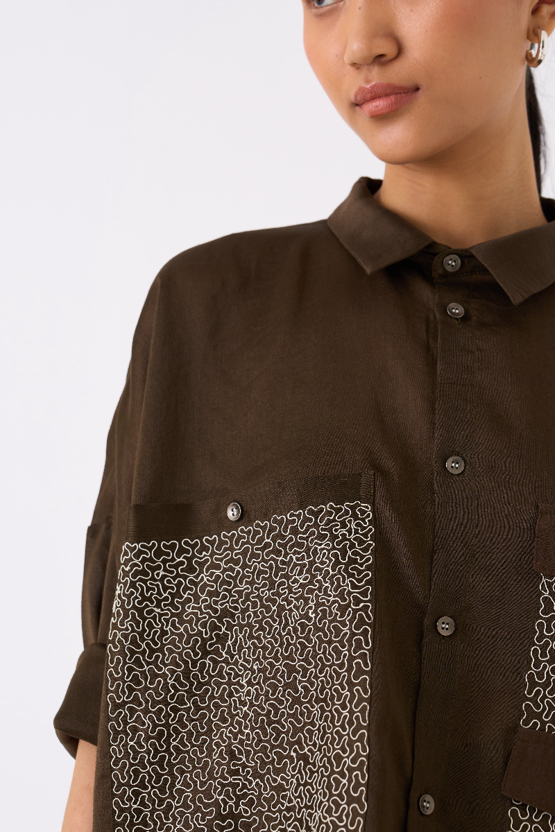 PATCH POCKET SHIRT CO-ORD
(SET OF 2)-DARK OLIVE poplin by THREE in olive color for women in Singapore