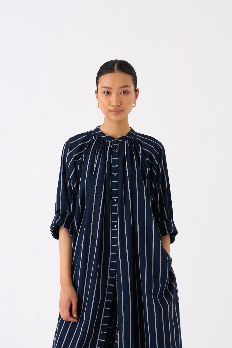 GATHER NECK SHIRT-BLACK STRIPE mul by THREE in black color for women in Singapore