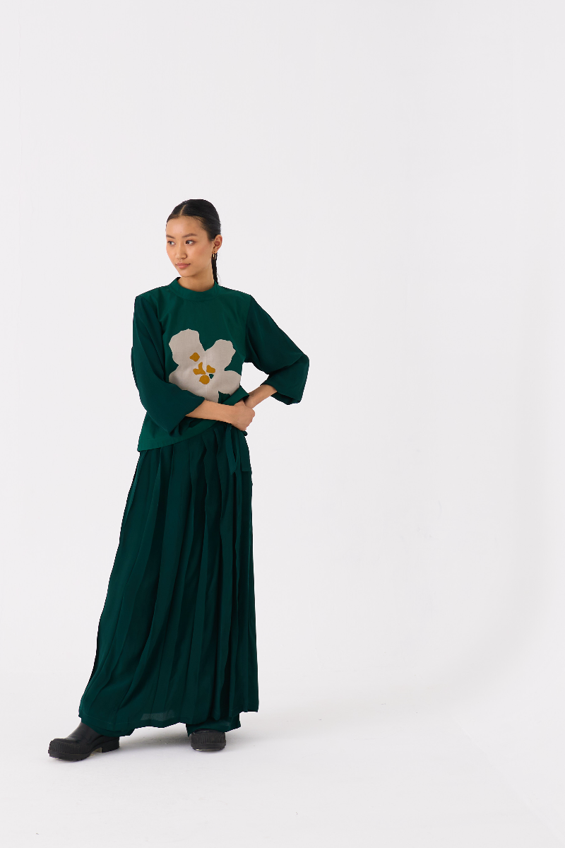 FLORAL APPLIQUE TOP-DARK GREEN poplin by THREE in green color for women in Singapore
