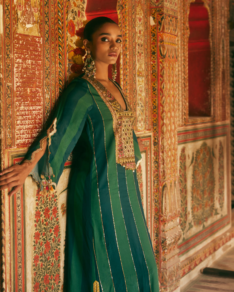 Khel Teal Green Stripe Kaftan Dress by Rajiramniq in green color for women in Singapore