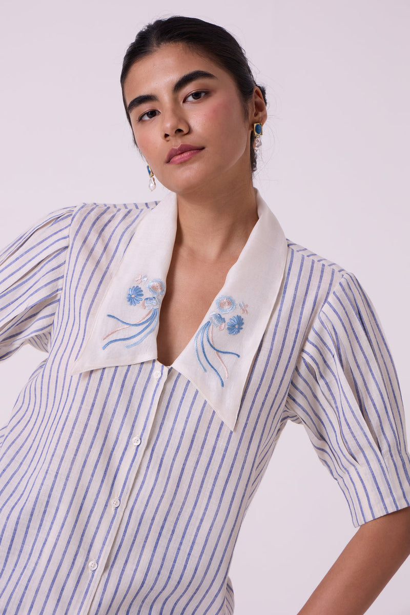 Kumo Striped Embroidered Handwoven Top handwoven cotton top/shirt by The Summer House in off white for women in Singapore