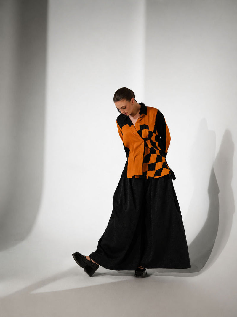 Dew Shirt-Black + Ochre mysore silk top/shirt by Stoique in black, ochre for women in Singapore