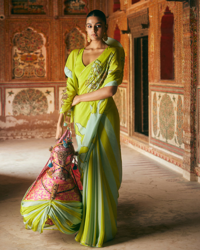 Khel Bright Green And Powder Blue Floral Saree mul by Rajiramniq in multi color for women in Singapore