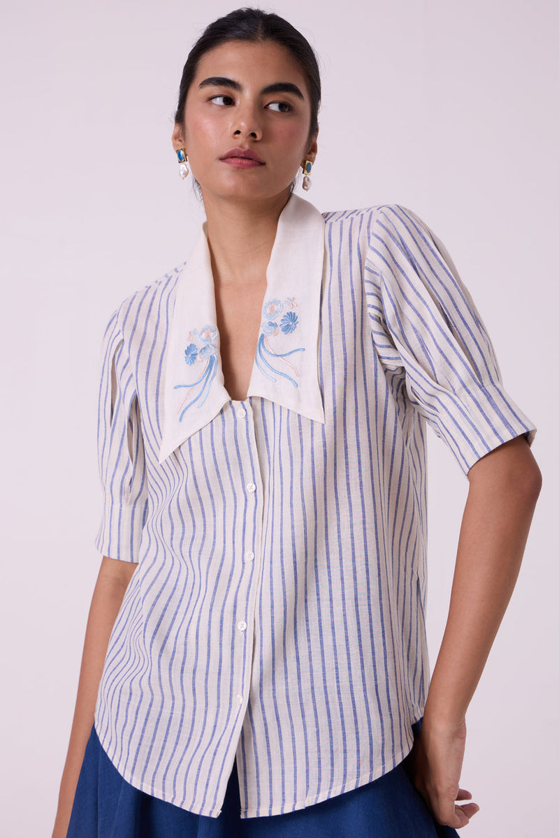 Kumo Striped Embroidered Handwoven Top handwoven cotton top/shirt by The Summer House in off white for women in Singapore