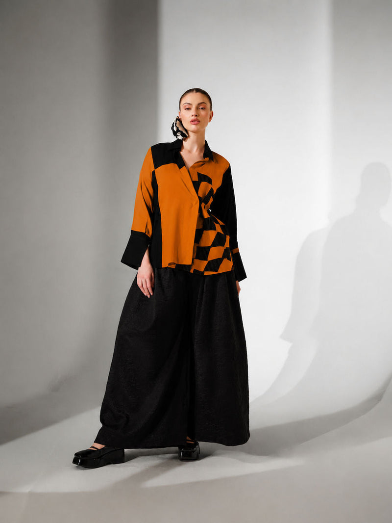 Dew Shirt-Black + Ochre mysore silk top/shirt by Stoique in black, ochre for women in Singapore