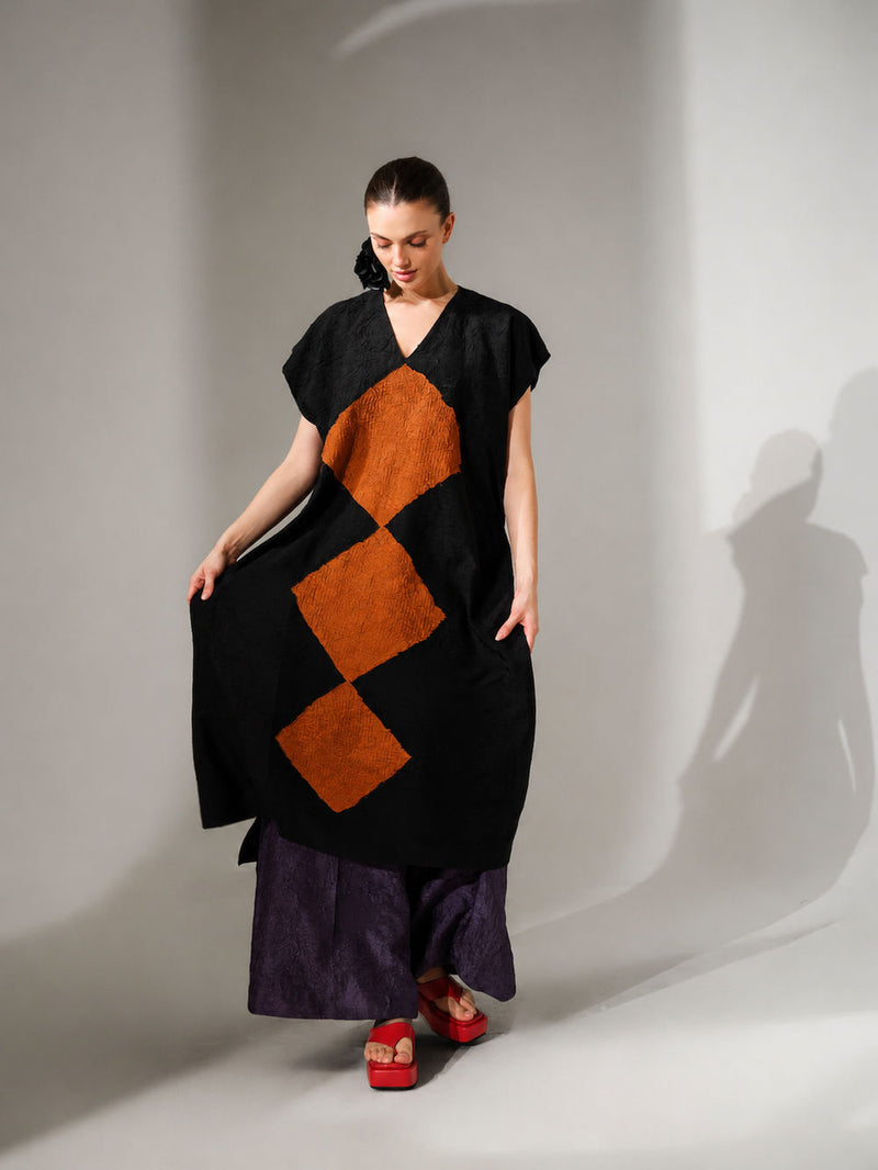 Facet Tunic-Black + Ochre crushed silk tunics and kaftans by Stoique in black, ochre for women in Singapore