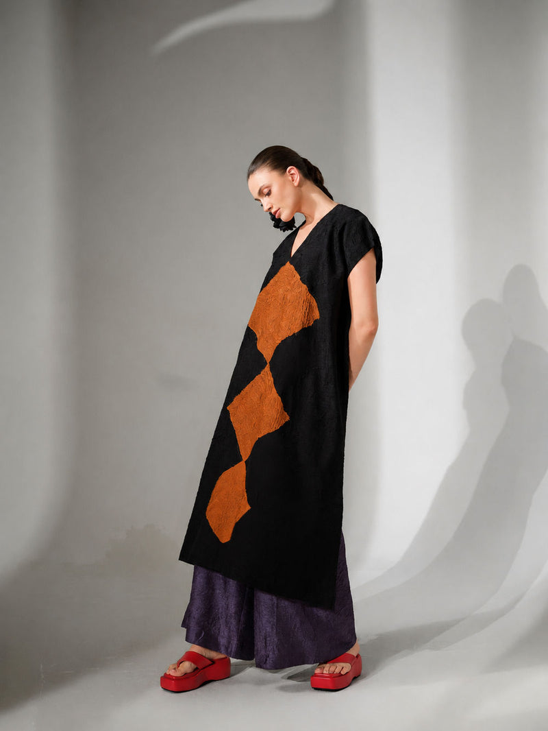 Facet Tunic-Black + Ochre crushed silk tunics and kaftans by Stoique in black, ochre for women in Singapore