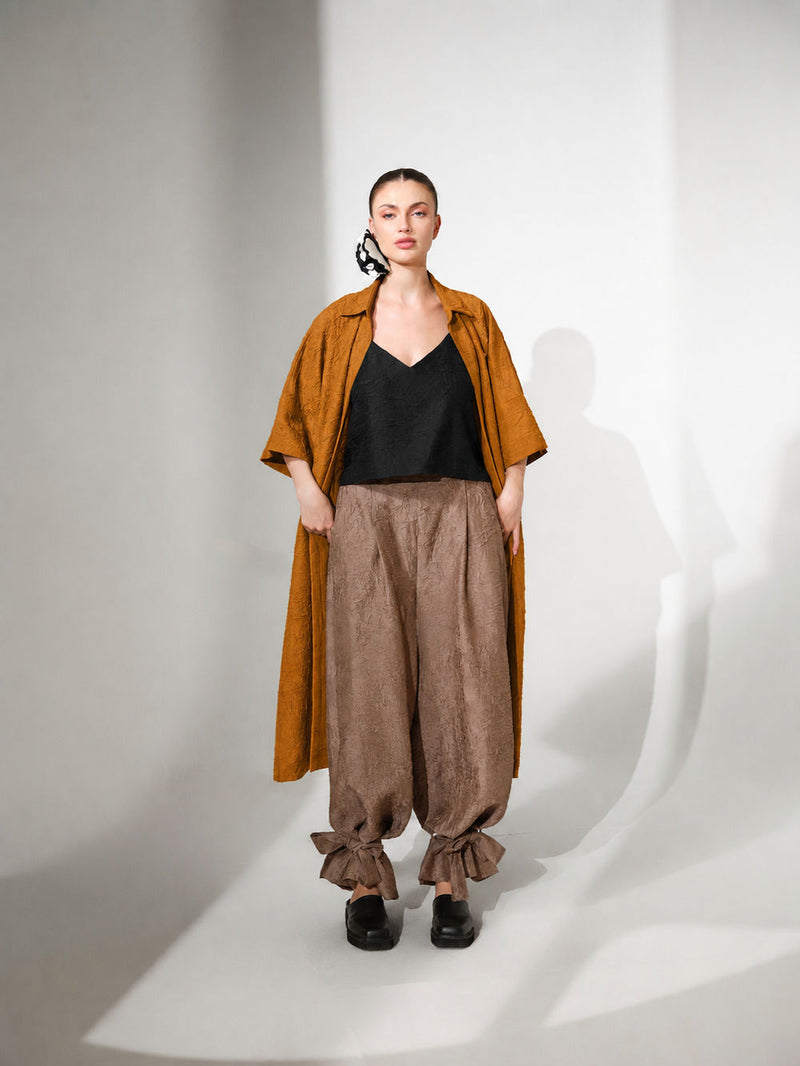 Grain Overlay-Ochre + Black crushed silk jacktes and overlays by Stoique in ochre, black for women in Singapore