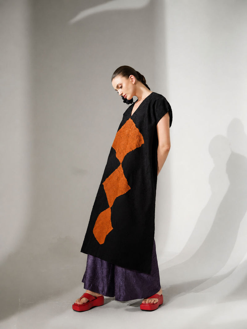 Facet Tunic-Black + Ochre crushed silk tunics and kaftans by Stoique in black, ochre for women in Singapore