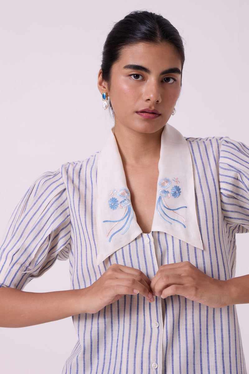 Kumo Striped Embroidered Handwoven Top handwoven cotton top/shirt by The Summer House in off white for women in Singapore