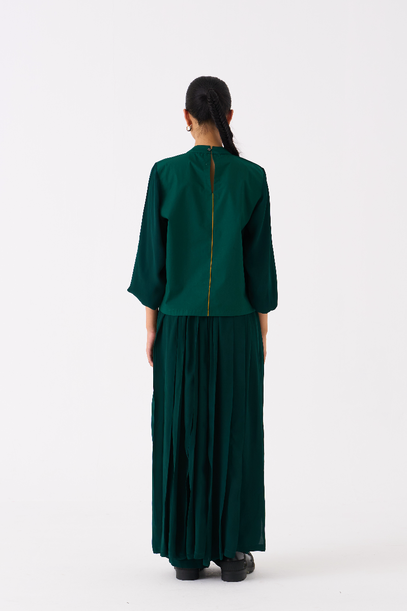 FLORAL APPLIQUE TOP-DARK GREEN poplin by THREE in green color for women in Singapore
