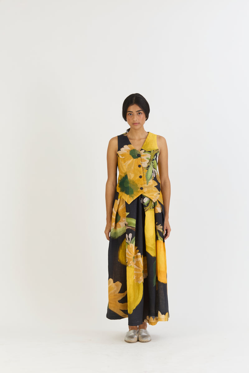 POMELLO WAISTCOAT AND BOX PLEAT SKIRT SET linen by Yam in yellow color for women in Singapore