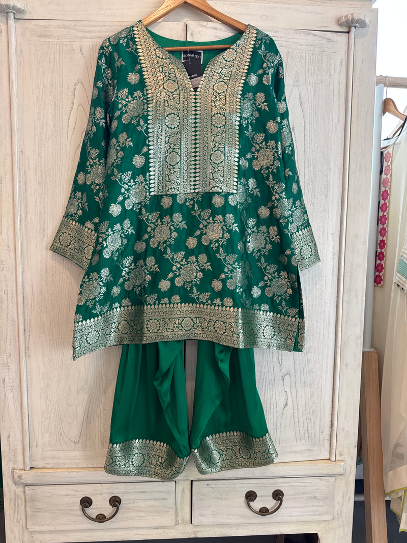 SOFP26-25 SOBS0904 Green Ful Floral Brocade Kurta + Farshi Salwar-Size M/L