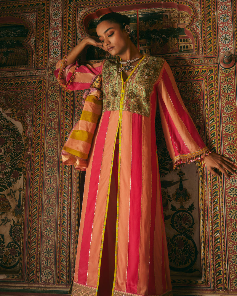 Khel Pink and Nude Yokr Embellished Jacket Kurta Set mul by Rajiramniq in multi color for women in Singapore