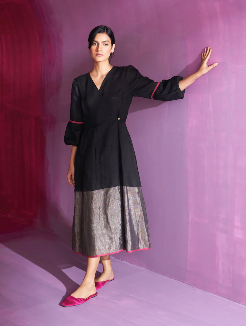 Zaina Metallic Wrap Dress - Black linen by Manan in black color for women in Singapore