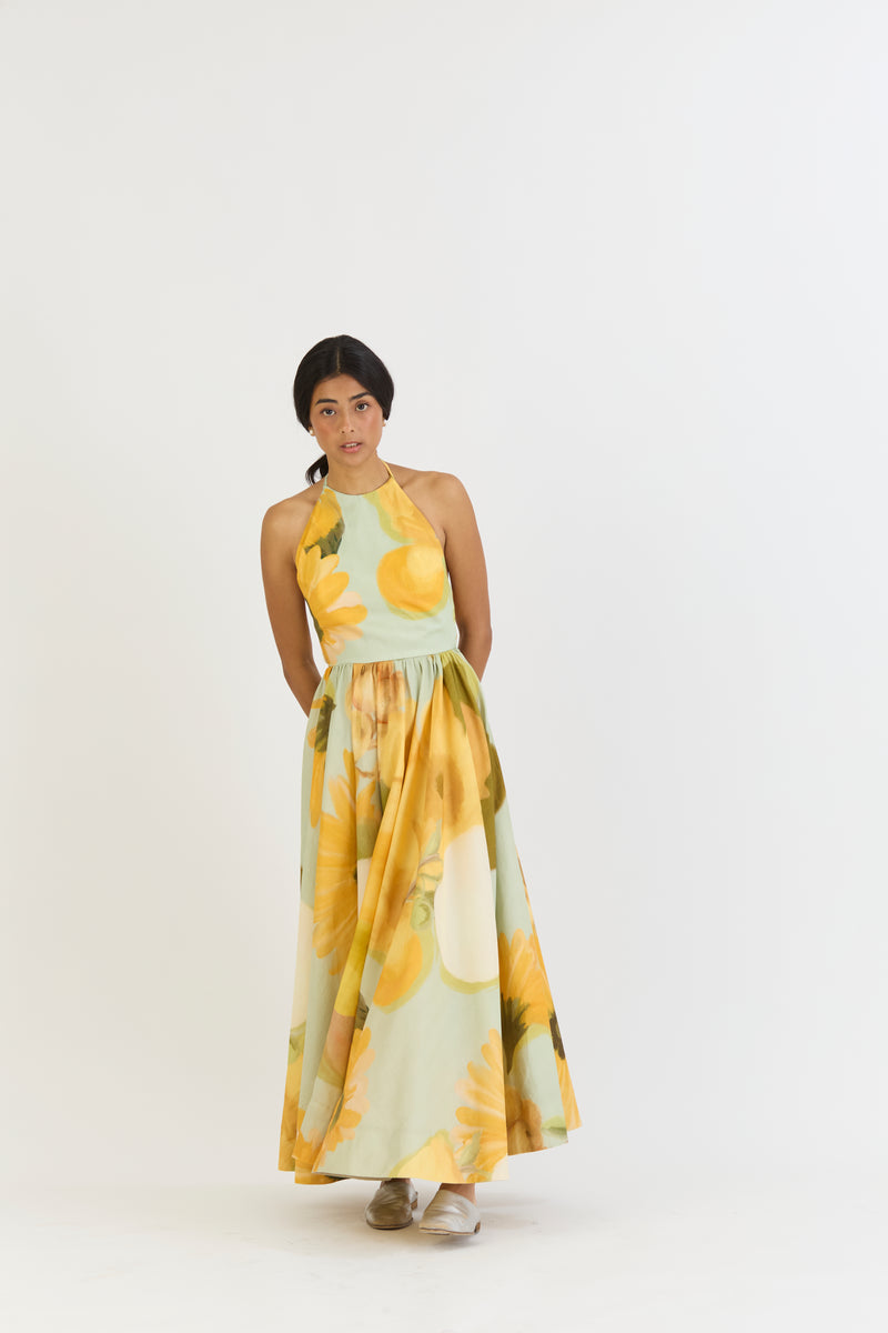 LEMONADE HALTER NECK DRESS satin by Yam in yellow color for women in Singapore