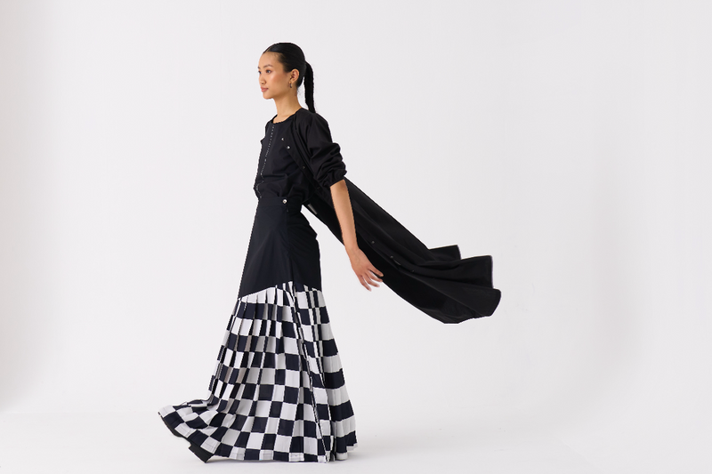 BACK YOKE JACKET CO-ORD 
(SET OF 3)-BLACK poplin by THREE in black color for women in Singapore
