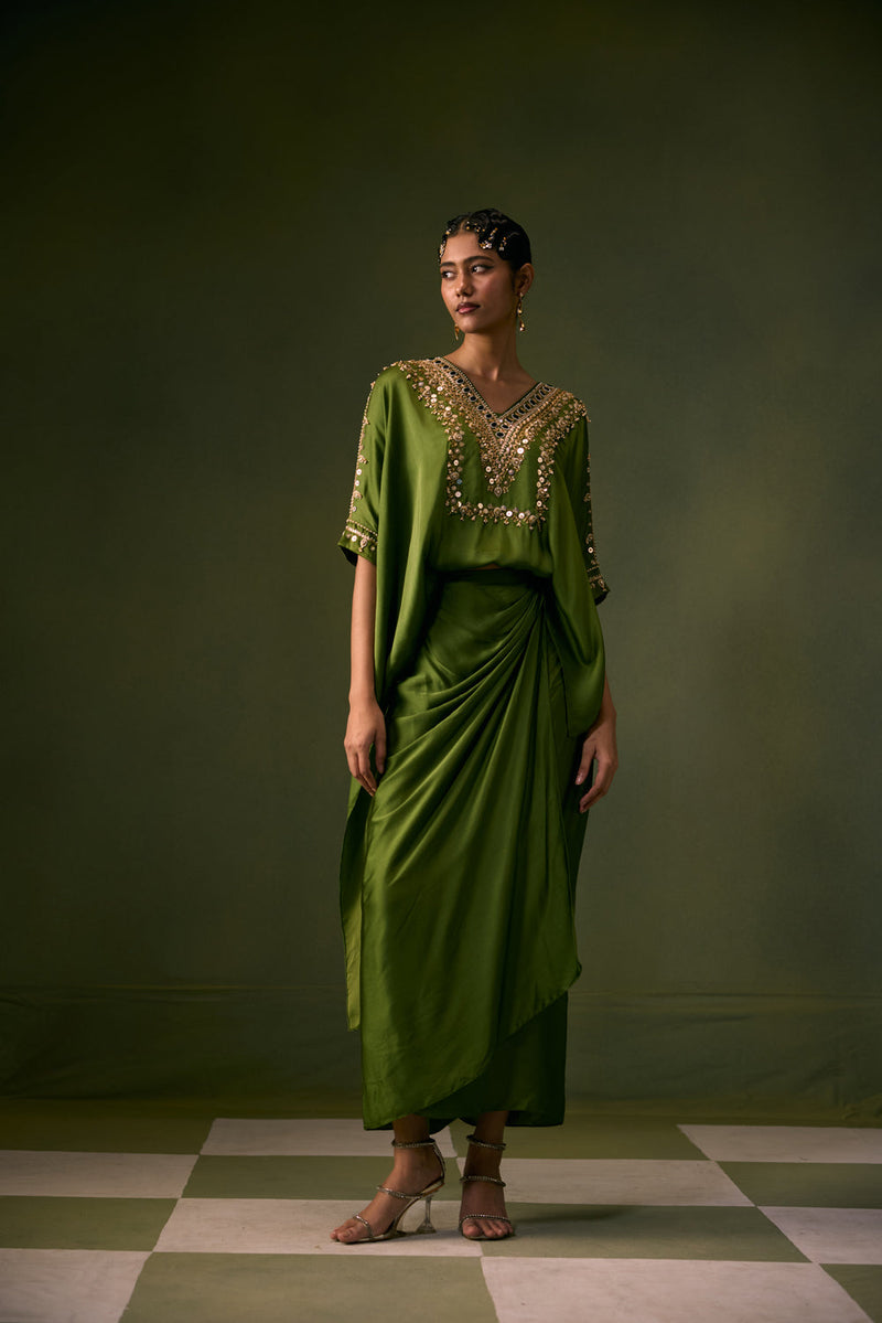 Nexa Antifit Top with Wrap Skirt vegan satin indo-western by PRAHNAAYA in musturd yellow for women in Singapore