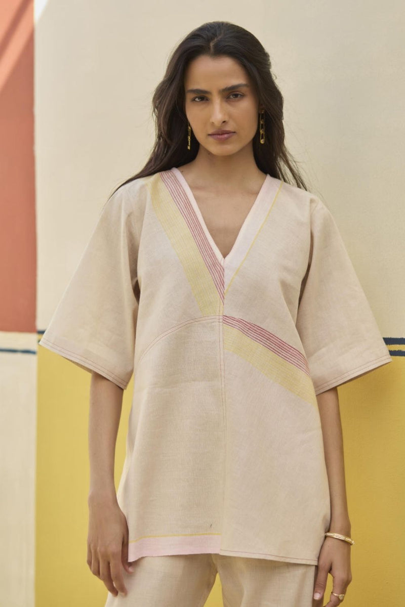 Moriko Border Linen Top - Sand linen by Manan in natural color for women in Singapore