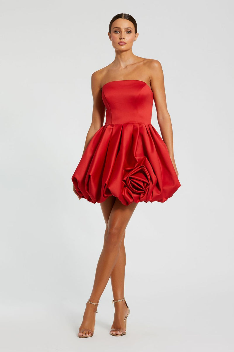 20705-Strapless Mini Dress With Rose Ruffle Detail by Mac Duggal in red color for women in Singapore