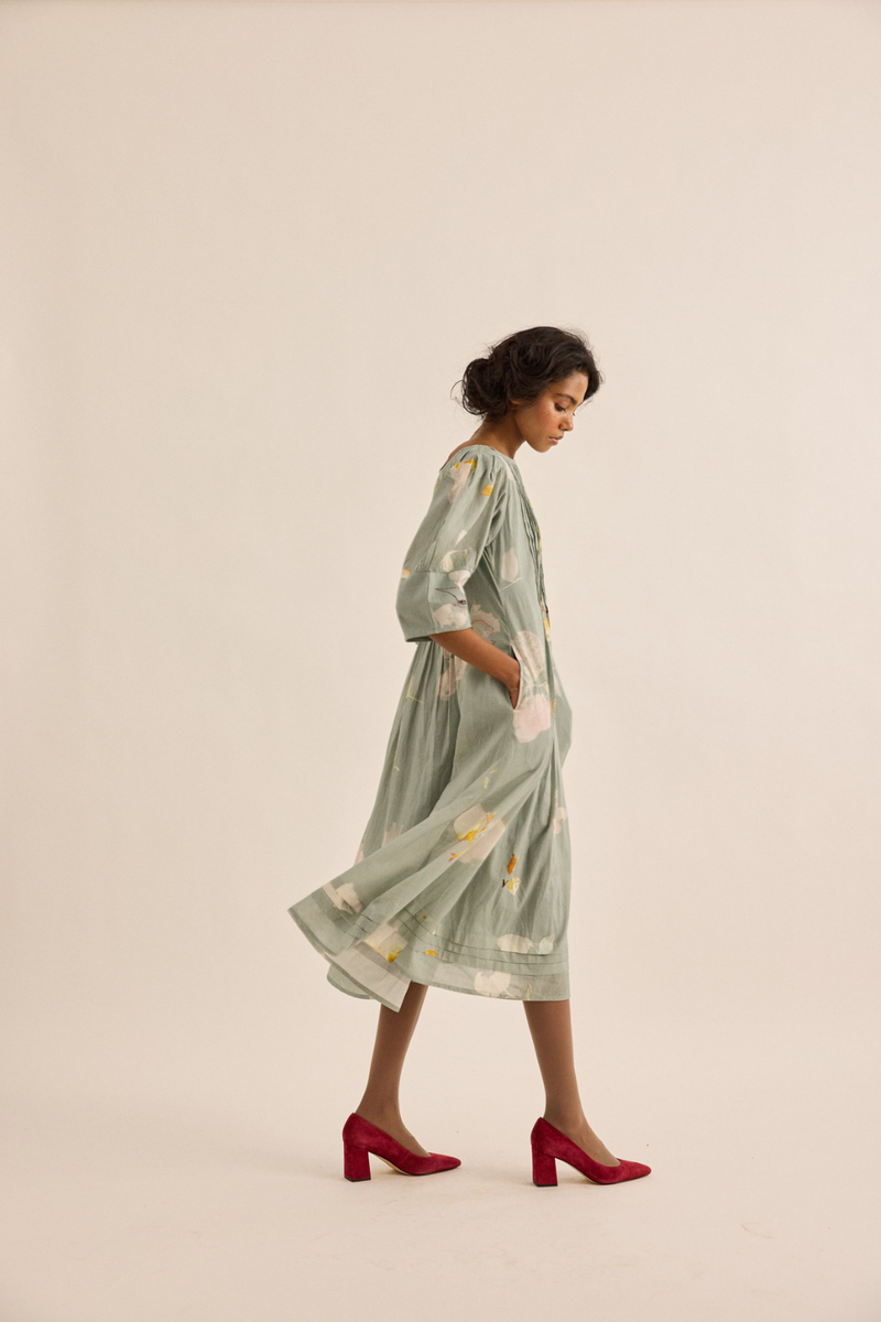 Cornflower Dress mul dress by Khara Kapas in sage green for women in Singapore