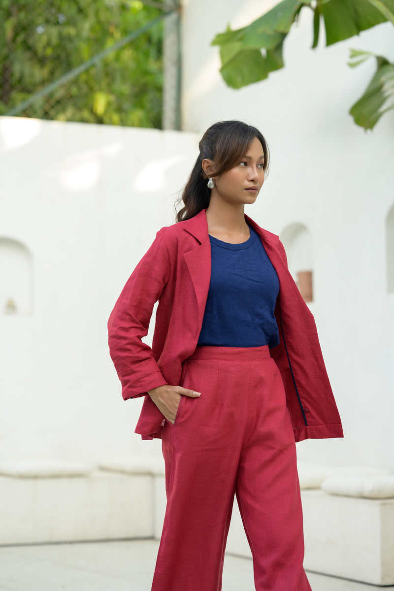 Crimson Sky Suit linen co-ord set by Zanzibar Living in crimson red for women in Singapore