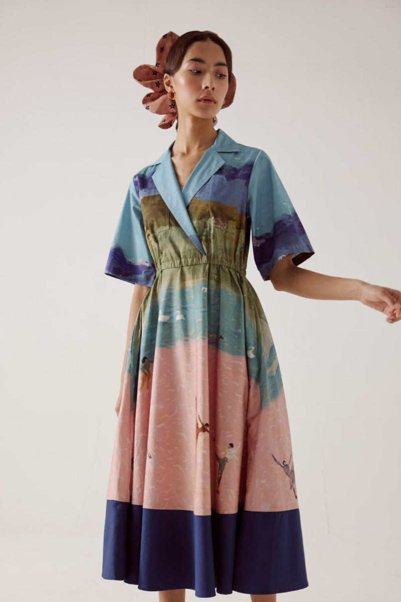 Print Blocked Dress-Skater cotton by CORD in multi for women in Singapore