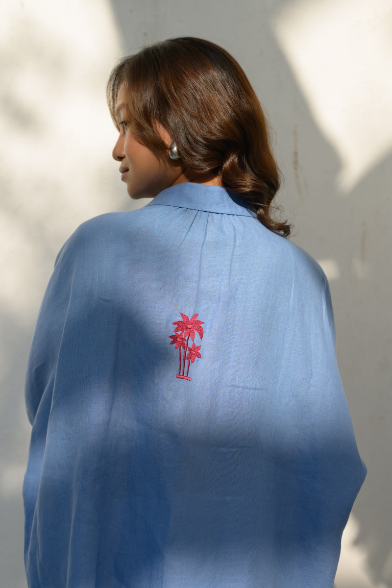 Coastal Palm Shirt linen top/shirt by Zanzibar Living in blue for women in Singapore