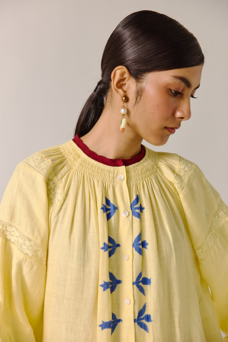Chloe Dress - Butter Yellow Bird Applique linen by CORD in yellow for women in Singapore