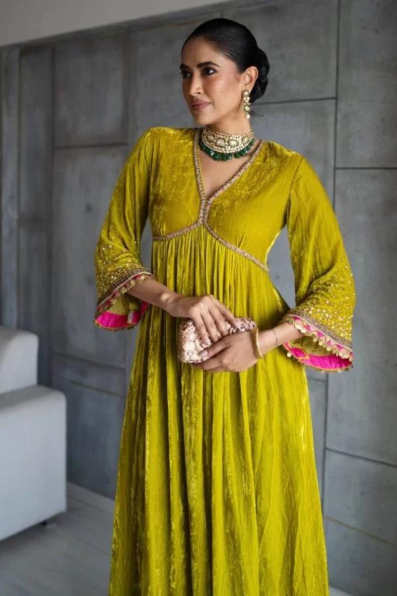 Nadira Lime Yellow Sprinkle Bell Sleeve Velvet Kurta Set by Rajiramniq for women in Singapore