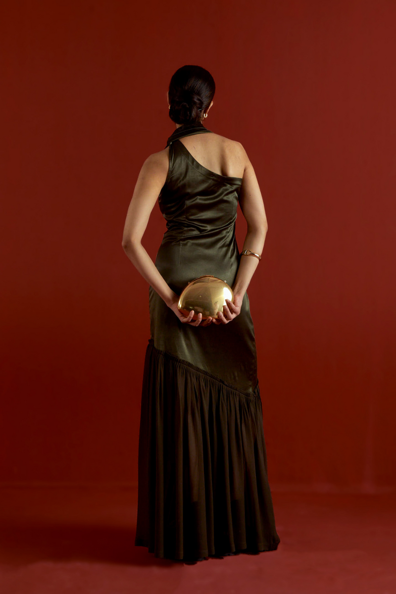 ONE SHOULDER DRESS-DARK OLIVE satin by THREE in olive color for women in Singapore