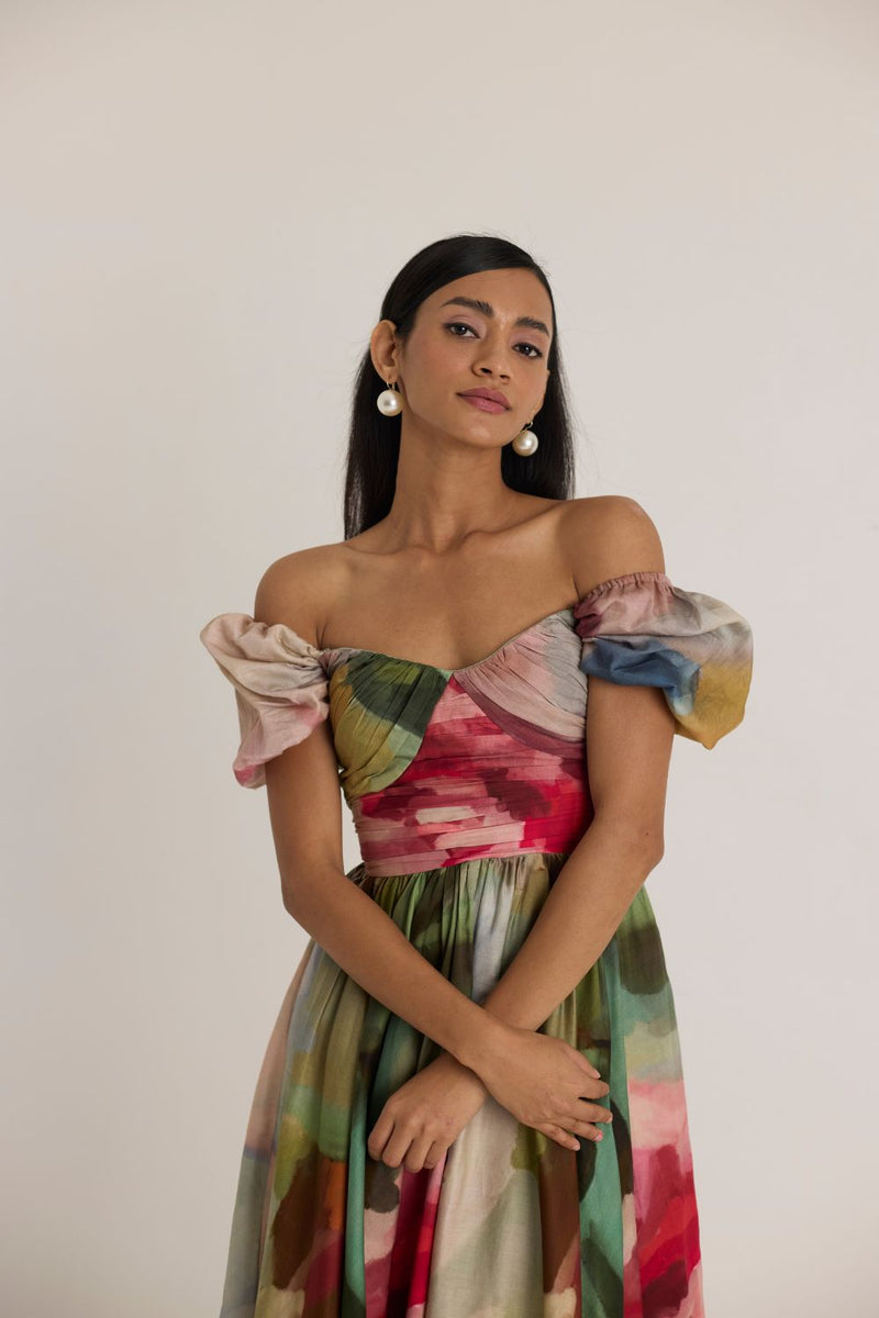 TILLY PUFF SLEEVE DRESS satin by Yam in multi color for women in Singapore