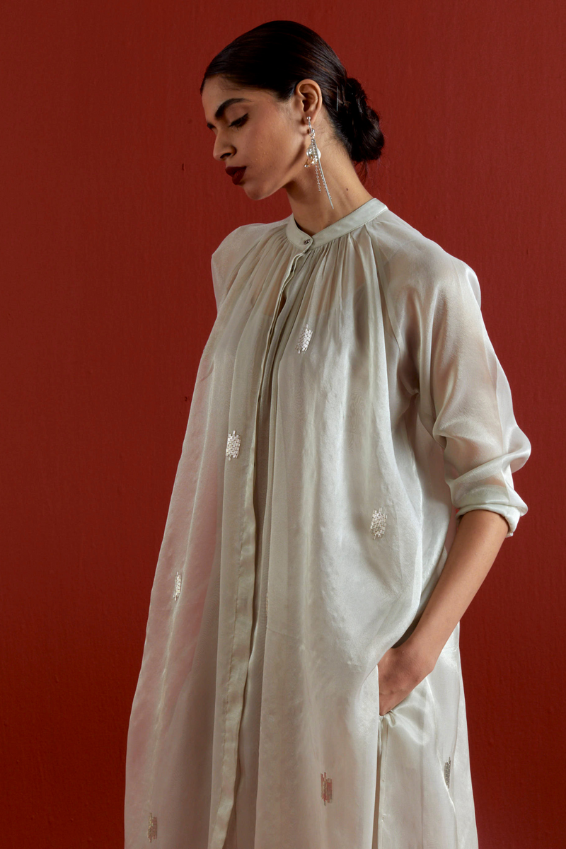 EMB. GATHER NECK SHIRT CO-ORD-METALLIC GREY tissue by THREE in grey color for women in Singapore