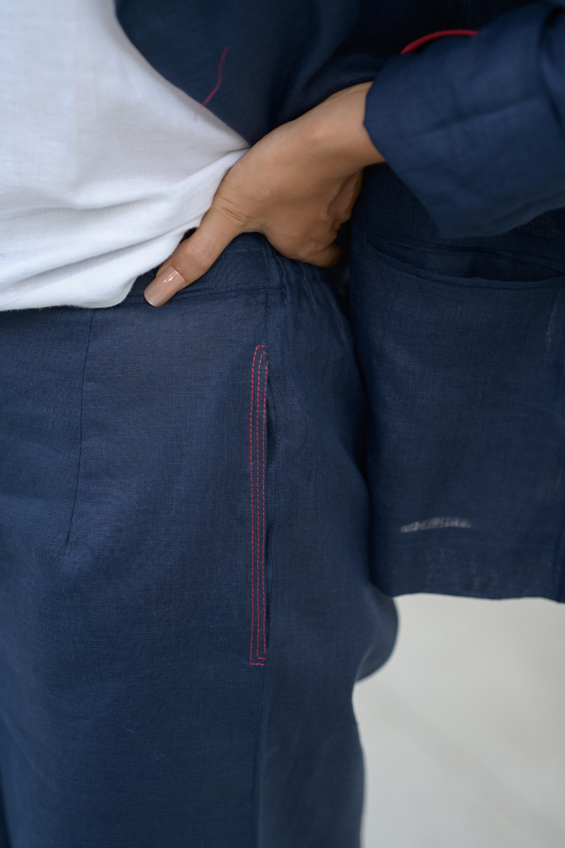 Midnight Line Suit linen co-ord set by Zanzibar Living in midnight blue for women in Singapore