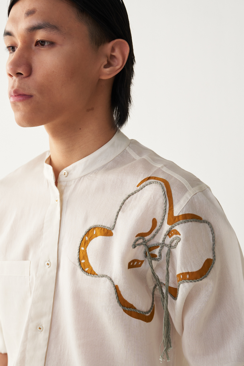 FLORAL ROPE EMB. SHIRT chanderi by THREE Men in ivory color for men in Singapore