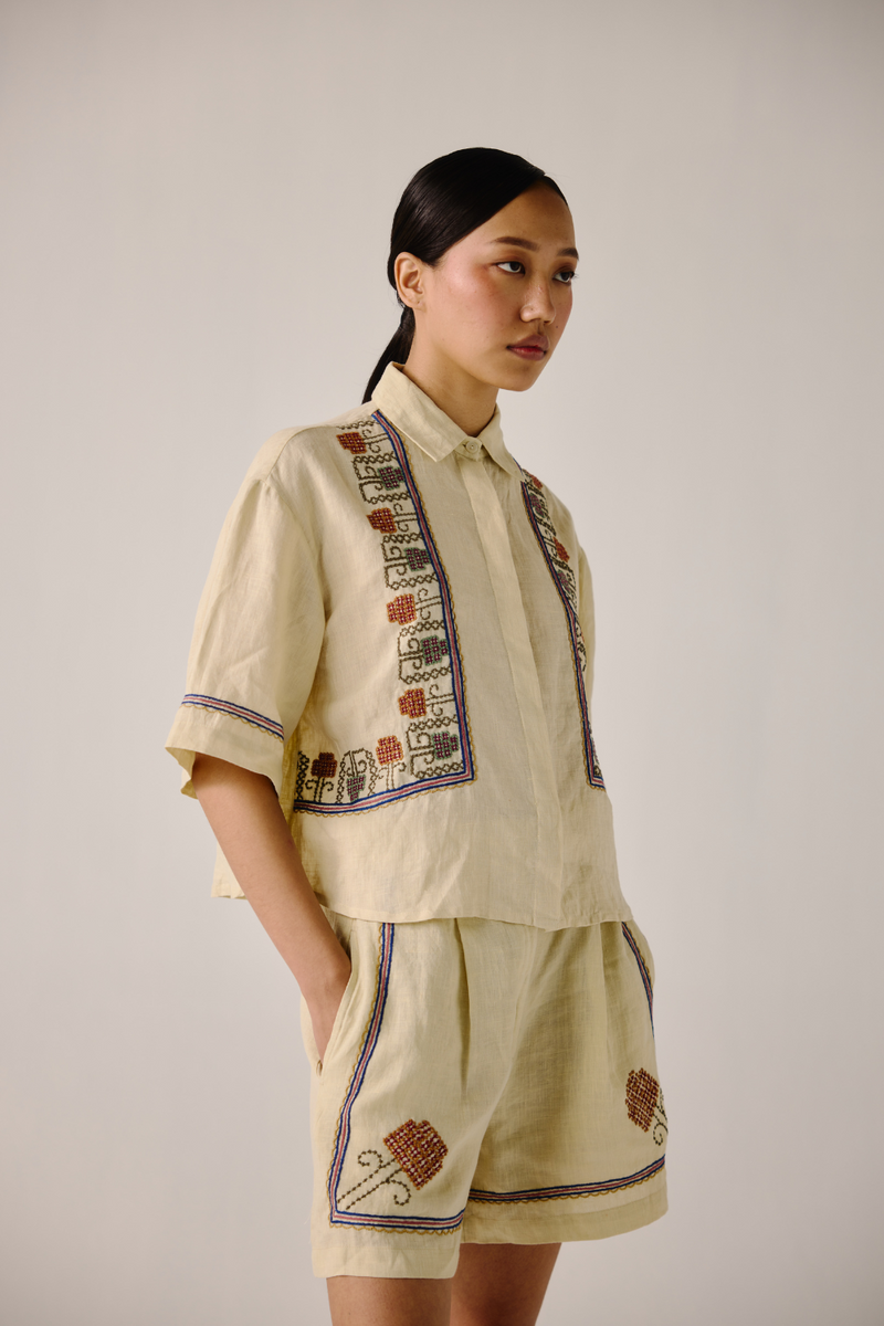 Leo Set - Ivory Cross Stitch Emb. linen by CORD in ivory for women in Singapore