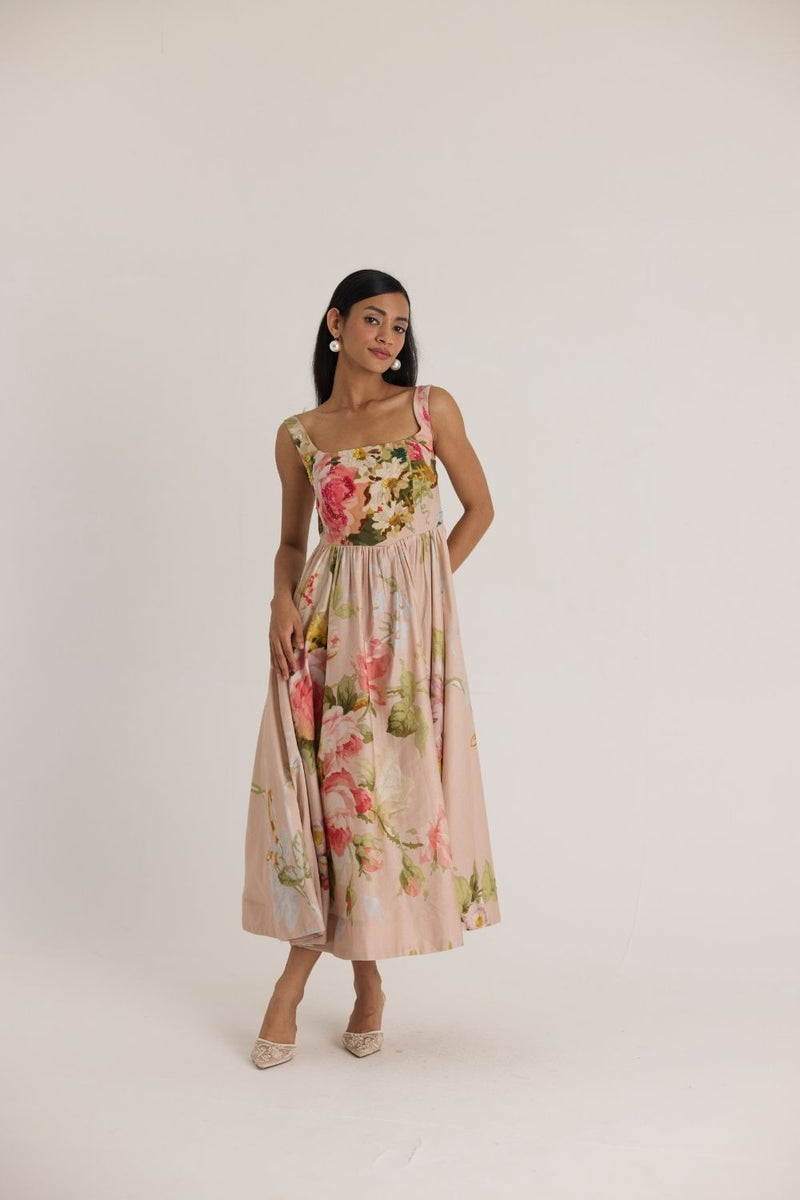 HAZEL EMBROIDERED DRESS satin by Yam in pink color for women in Singapore