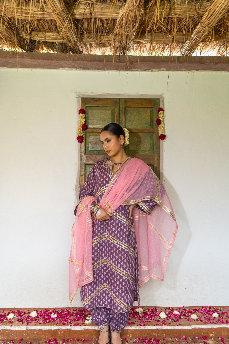 Saundh Purple and Peach hand block printed cotton Salwar set cotton Buy Saundh Purple and Peach hand block printed cotton Salwar set from C&W | Kurta/Kurta Sets for Women by Maison Shefali in multi color for women in Singapore