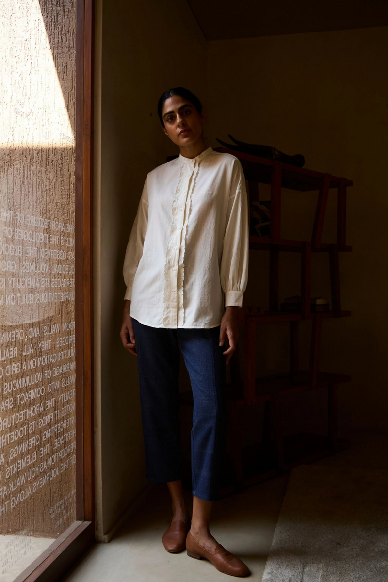 Ryuk Handwoven Embroidered Shirt cotton by The Summer House in white color for women in Singapore