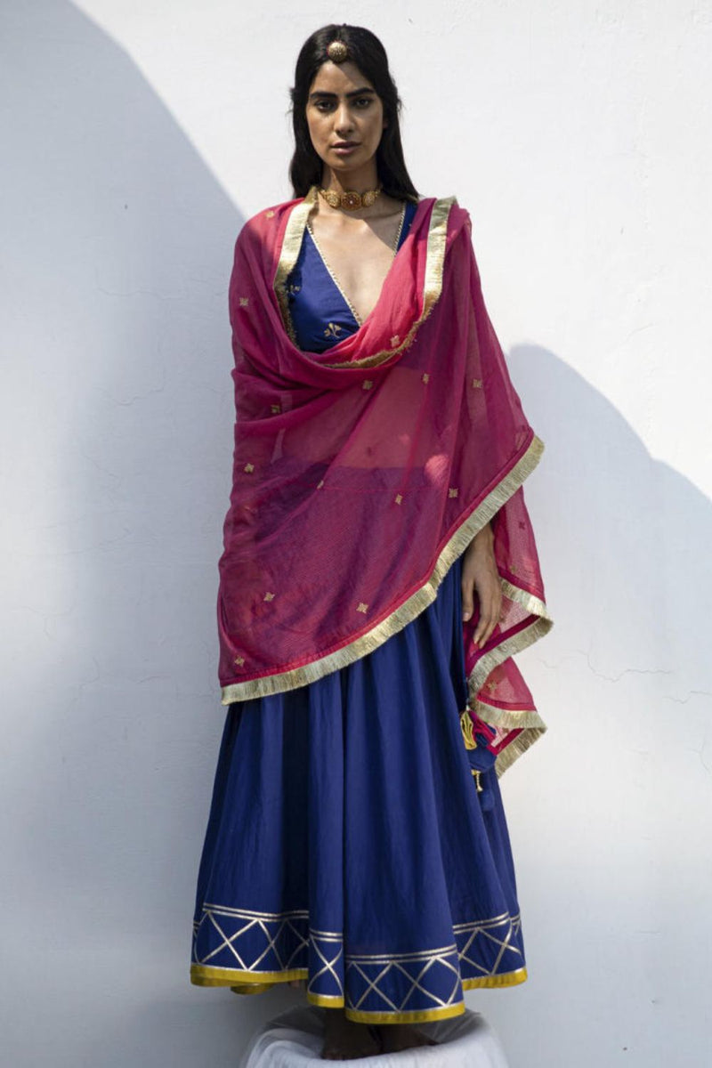 Raqs ghagra set cotton Lehenga Sets by Khara Kapas in blue for women in Singapore