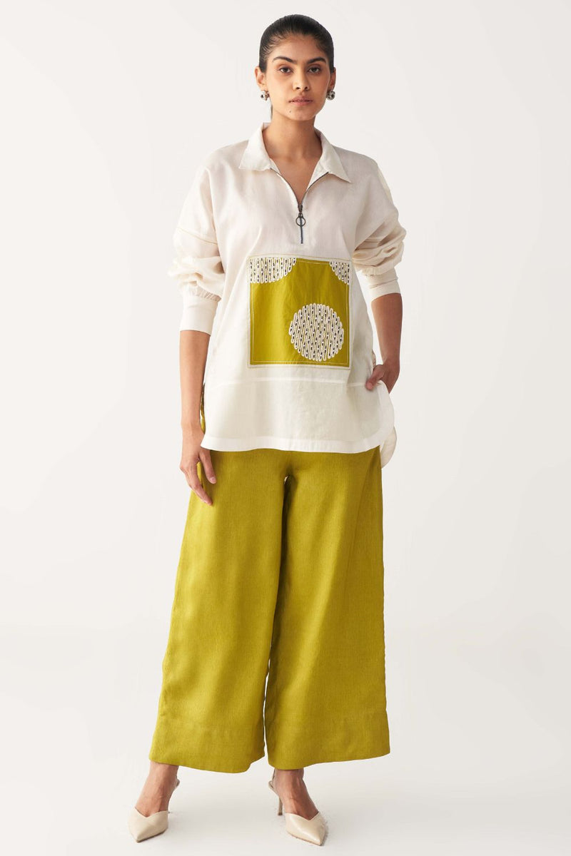 EMB. PATCH U HEM TOP CO-ORD-IVORY & LIME chanderi by THREE for women in Singapore