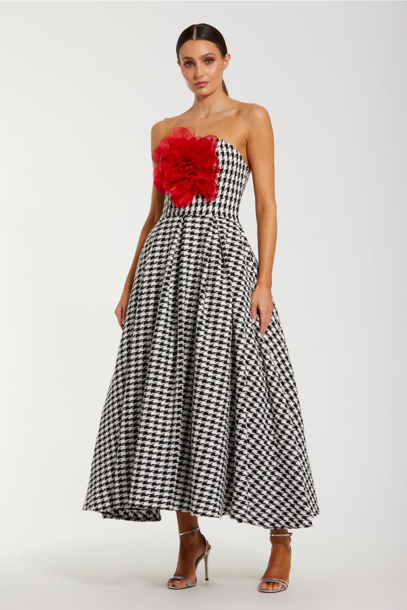 37068-Black and White Strapless Boucle A Line Midi Dress With 3D Flower by Mac Duggal in black color for women in Singapore