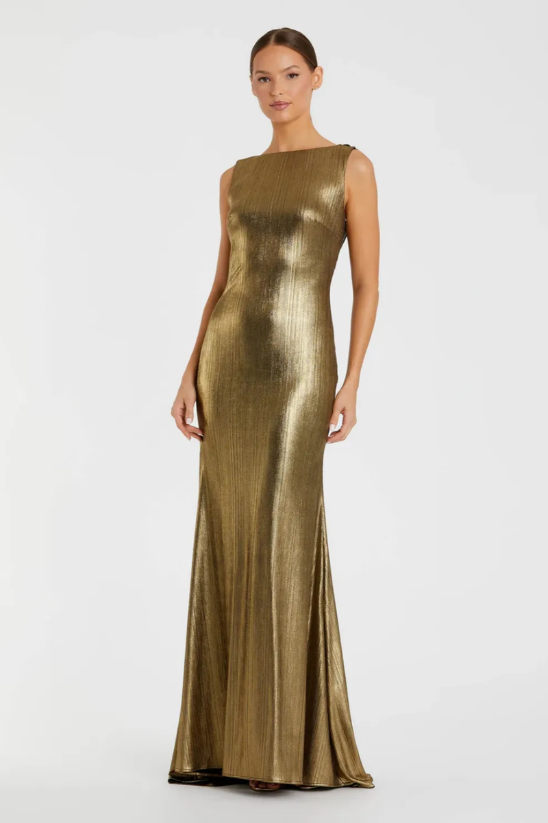 Gold Metallic Jersey Cowl Back Column Gown by Mac Duggal in gold color for women in Singapore