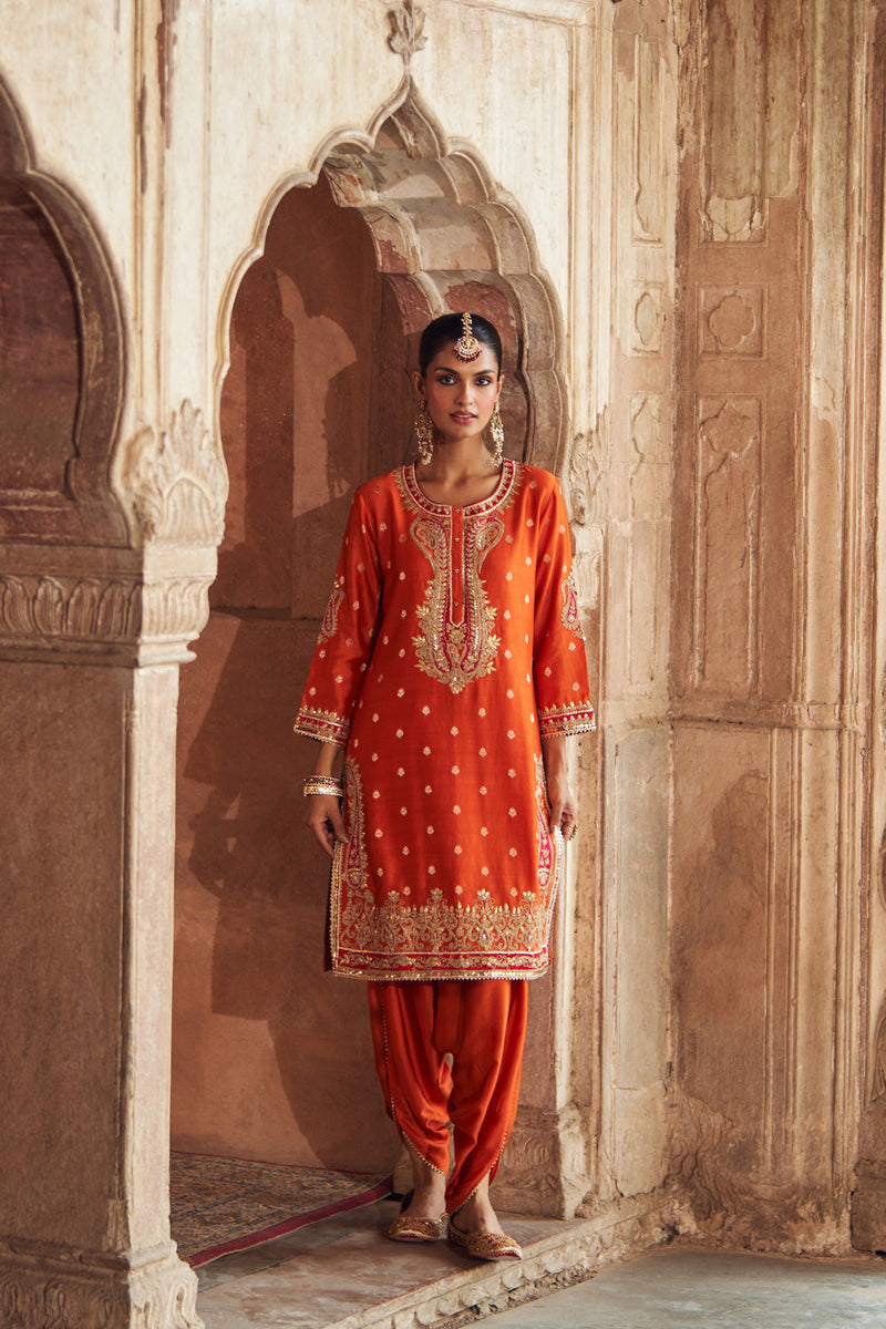 FAHMIDA - BURNT ORANGE SHORT KURTA WITH SALWAR chanderi silk kurta/kurta set by SHEETAL BATRA in orange for women in Singapore
