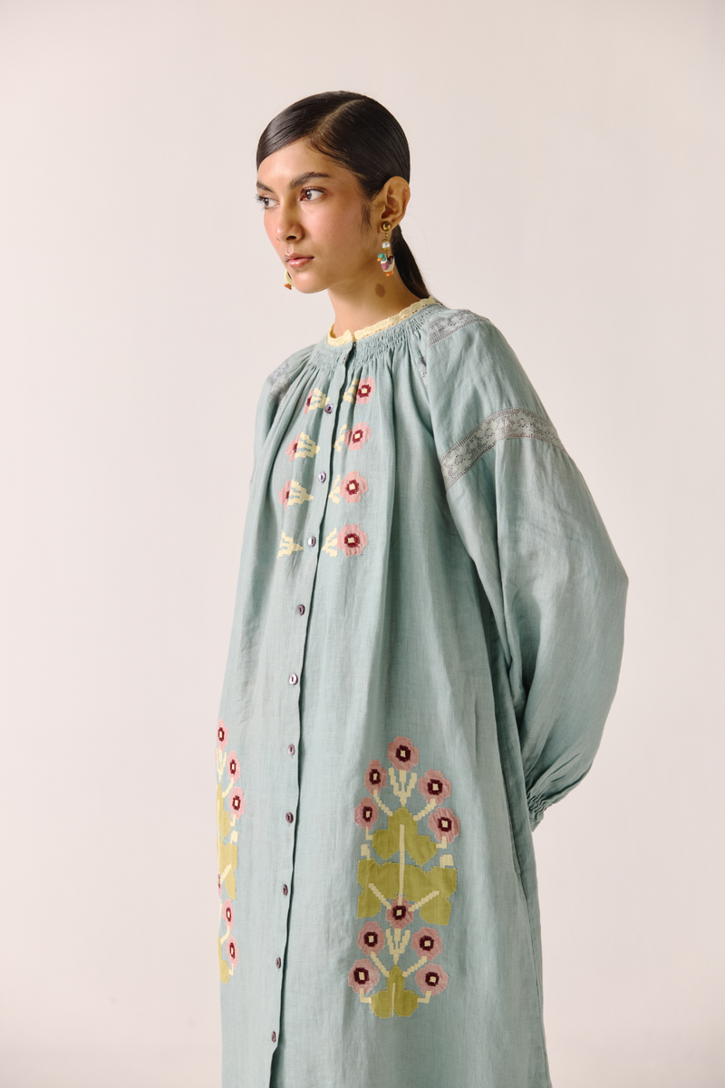 Chloe Dress - Pale Blue Pixel Applique linen by CORD in blue for women in Singapore