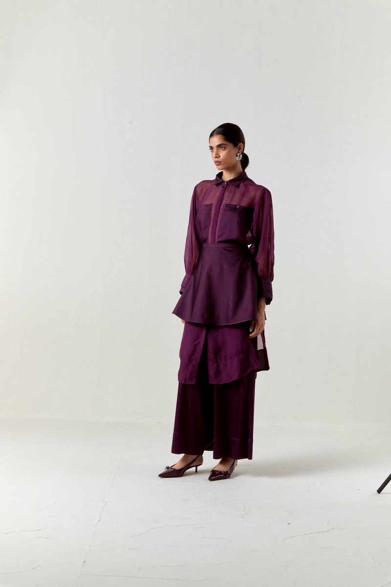 BEADED COLLAR SHEER SHIRT CO-ORD-WINE organza by THREE for women in Singapore