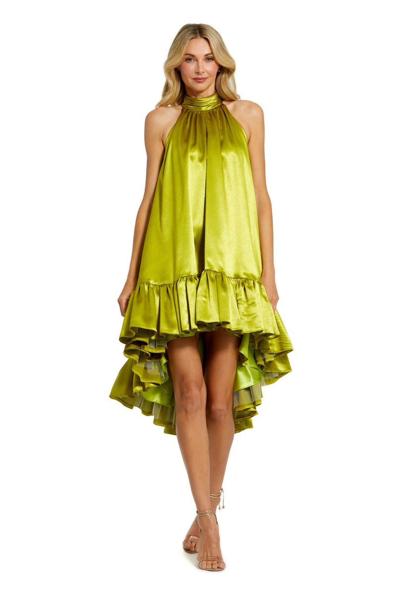 20711-Green High Neck Satin Mini Dress With Keyhole satin by Mac Duggal in green color for women in Singapore