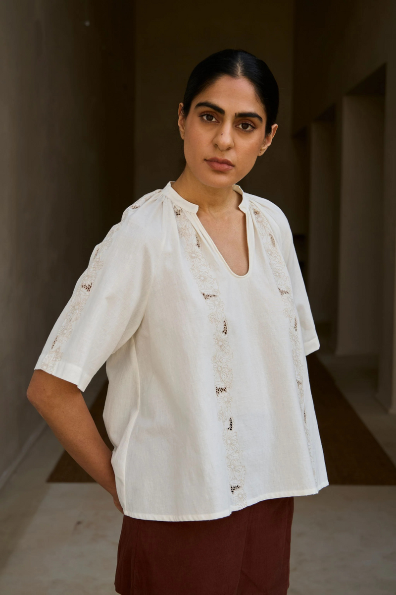 Bheer Handwoven Embroidered Top cotton by The Summer House in white color for women in Singapore