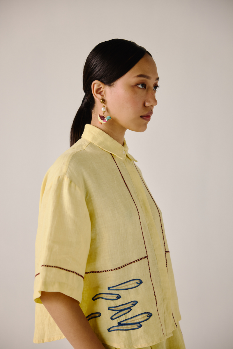 Leo Set - Butter Yellow Fish Embroidery linen by CORD in yellow for women in Singapore