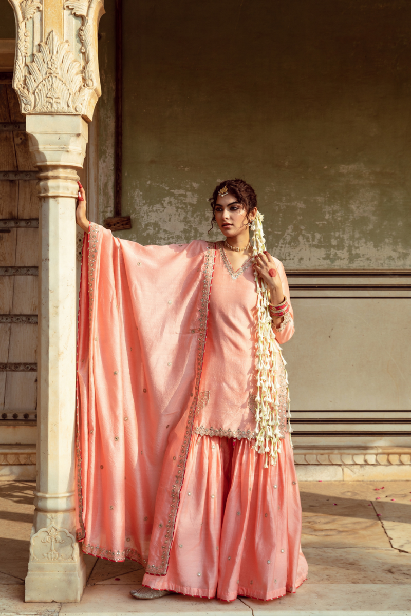 Peach Embroidered Chanderi Silk Sharara Set silk Buy Peach Embroidered Chanderi Silk Sharara Set from C&W | Kurta/Kurta Sets for Women by Maison Shefali in peach color for women in Singapore